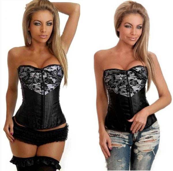 Corselet preto com estampa floral no busto -Cód.A2463